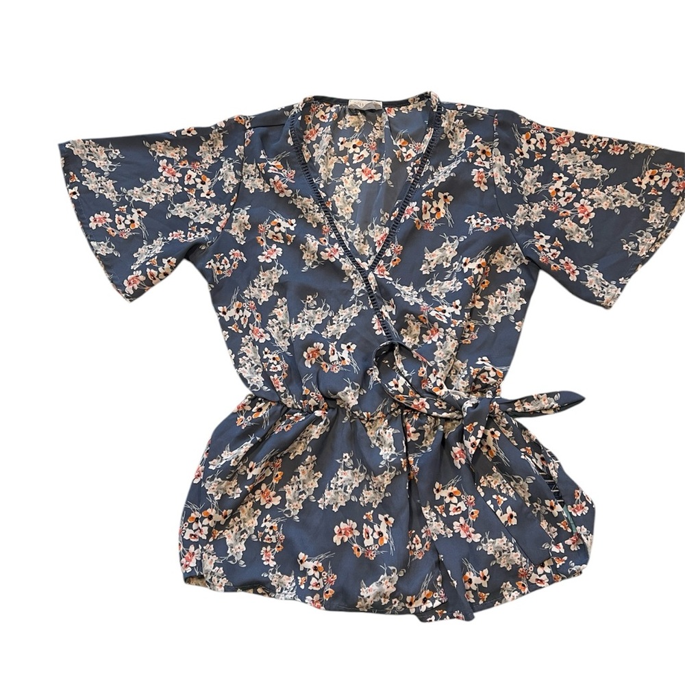 Blue floral top with pink and white flowers